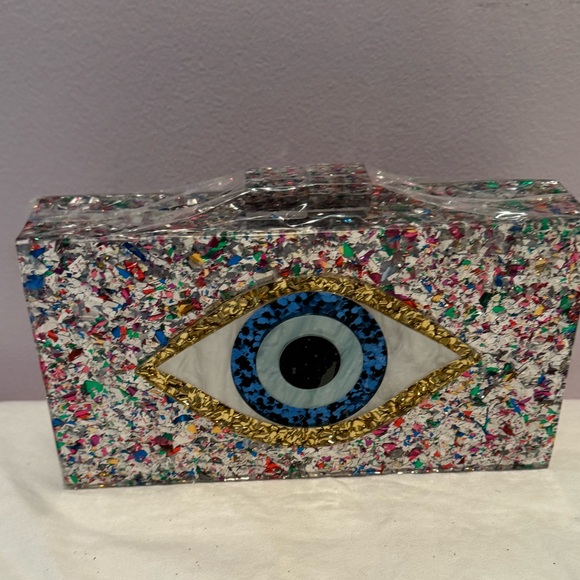New Blue and Gold Evil Eye Clutch with Mosaic Design no label